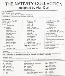Sirdar The Nativity Collection book 285 designed by Alan Dart. This image shows a table of measurements and materials required to knit each character and animal. It notes the size of knitting needles, tension and abbreviations for the  pattern
