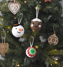 Load image into Gallery viewer, 3 Christmas tree baubles hanging on a tree with white hanging loops. 1 is a brown pudding with white top, black face features and pink cheeks. The snowman has a black hat and orange carrot nose. One has a green then light green, red and white rounds
