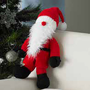 Santa Claus or Father Christmas gonk toy. Trousers, jacket and hat knitted in red yarn. Black boots, gloves and belt. His hat is red with a white band and pom pom. His long white beard is knitted in tinsel yarn and he has a red nose